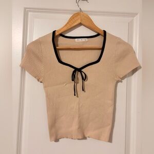 Cream Ribbed Crop Top with Black Trim